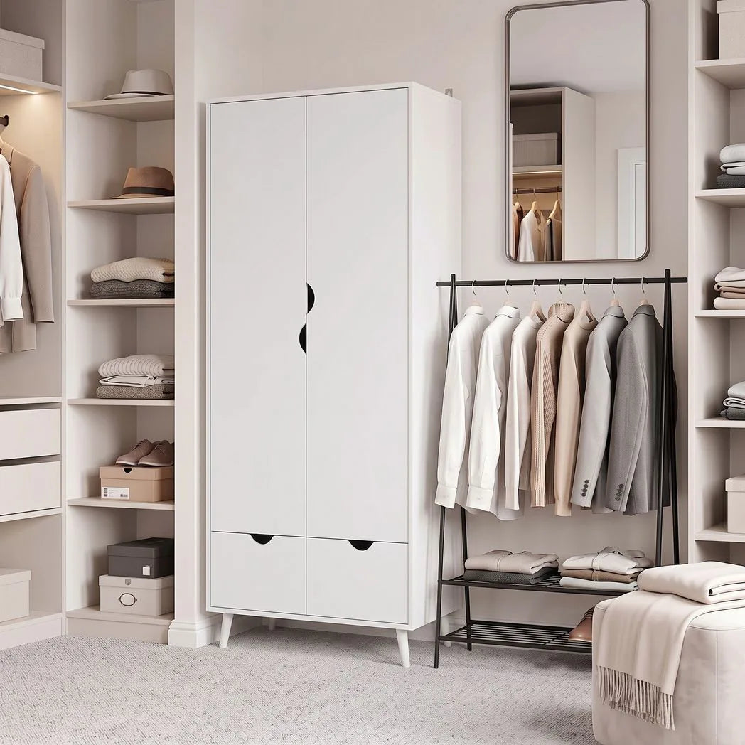 HOMCOM 2-Door Wardrobe with 2 Drawers, Hanging Rail and Wood Feet – Bedroom Clothes Storage with Anti-Tip Straps, White