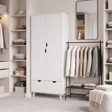 HOMCOM 2-Door Wardrobe with 2 Drawers, Hanging Rail and Wood Feet – Bedroom Clothes Storage with Anti-Tip Straps, White