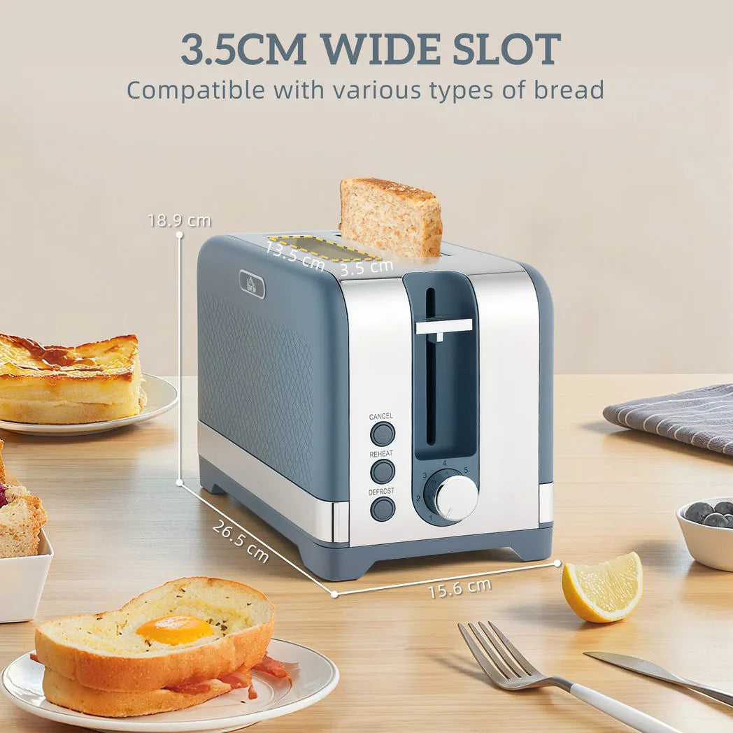 HOMCOM Sleek Textured Kettle and 2-Slice Toaster Set with 3000W 1.7L Rapid-Boil Kettle, 7-Level Toaster – Blue