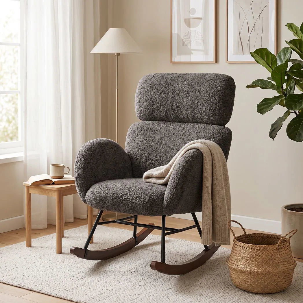 HOMCOM Upholstered Rocking Chair with Adjustable Headrest – Raindrop Velvet Rocker, Rubberwood Legs, Dark Grey