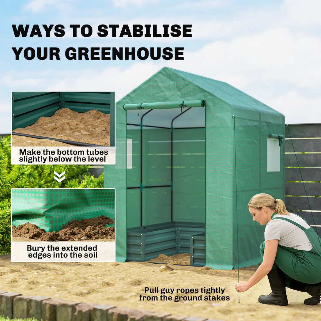 Outsunny Walk-In Greenhouse with Galvanised Raised Bed & Roll-Up Windows, 141 x 141 x 190 cm, Green
