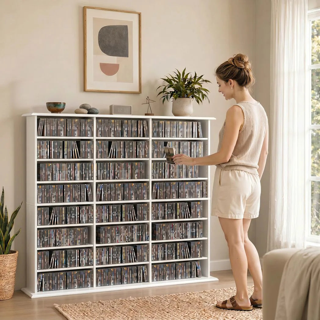 HOMCOM 1032 CD / 594 DVD Media Storage Unit with 24 Compartments & 18 Adjustable Shelves – Blu-ray Shelf Tower, White