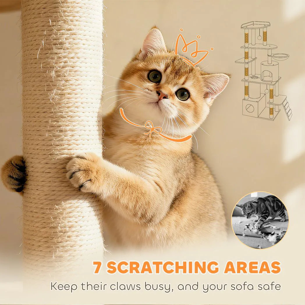 PawHut 170cm Large Cat Tree with 7 Scratching Posts, 2 Condos & Hammock – Multi-Level Cat Tower, Light Grey