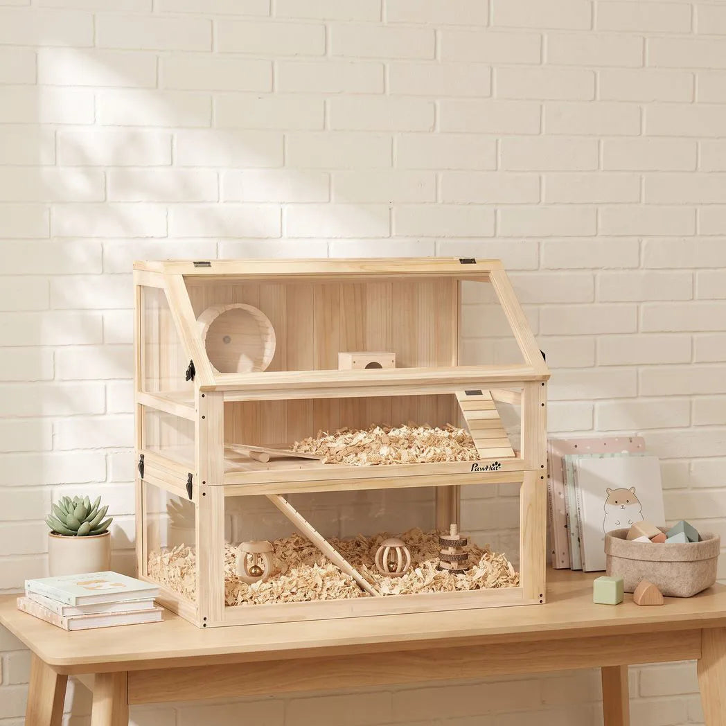 PawHut Wooden Hamster Cage with 31cm Deep Base, Hut, Seesaw, Exercise Wheel and Ramp, 80 x 50 x 76cm – Natural