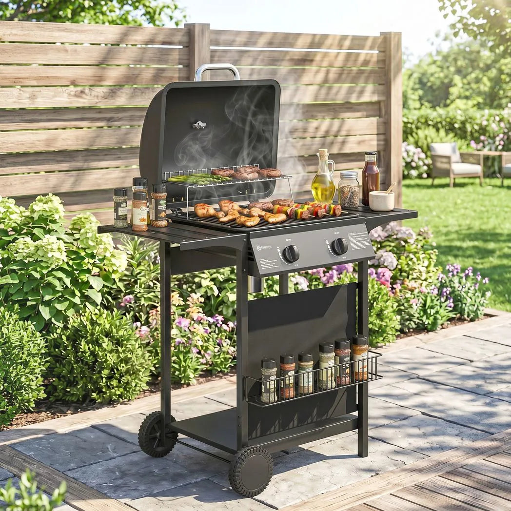Outsunny 2-Burner Gas BBQ Grill – 2 x 2.5kW Burners with Side Tables, Warming Rack, Thermometer and Grease Tray, Black