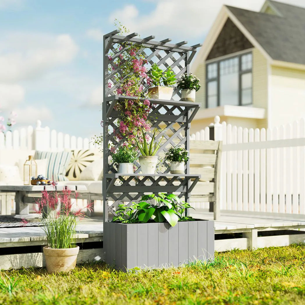 Outsunny 52L Wooden Planter with 146.5cm Trellis and Two Shelves – Raised Garden Bed for Climbers, Grey
