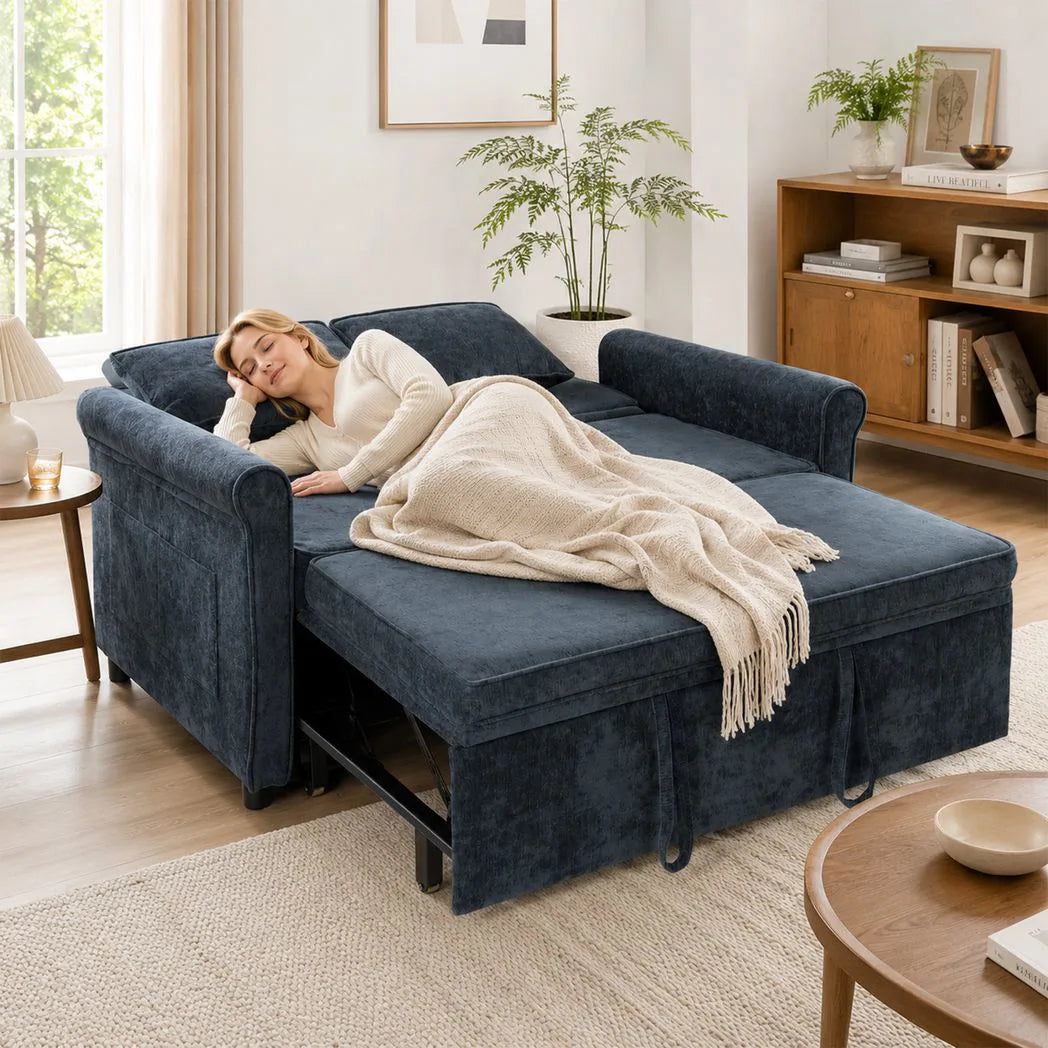 HOMCOM 2 Seater 3-in-1 Sofa Bed with 5-Position Adjustable Backrest – Pull Out Chenille Sleeper, Dark Blue