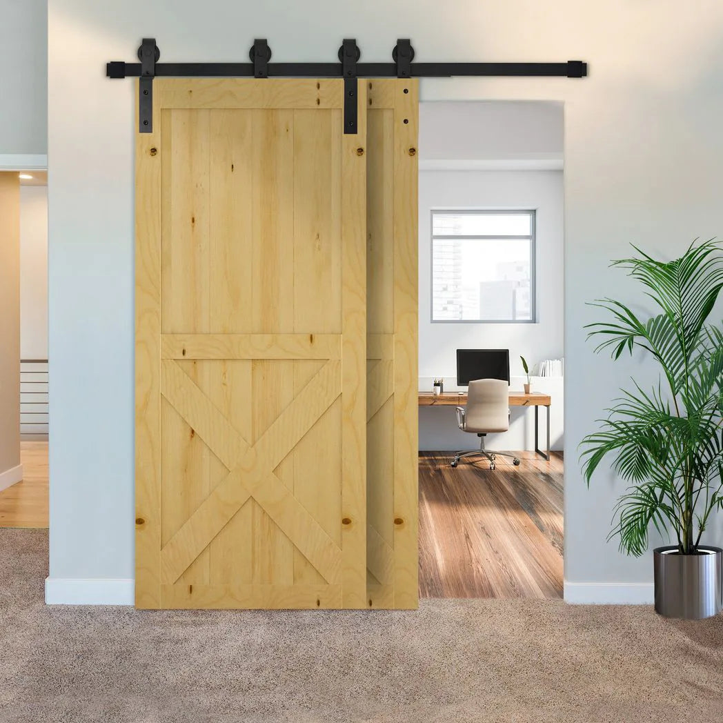 HOMCOM 200cm Sliding Barn Door Hardware Track Kit for Two Doors, 90kg Capacity – Heavy Duty Carbon Steel Rail, Black