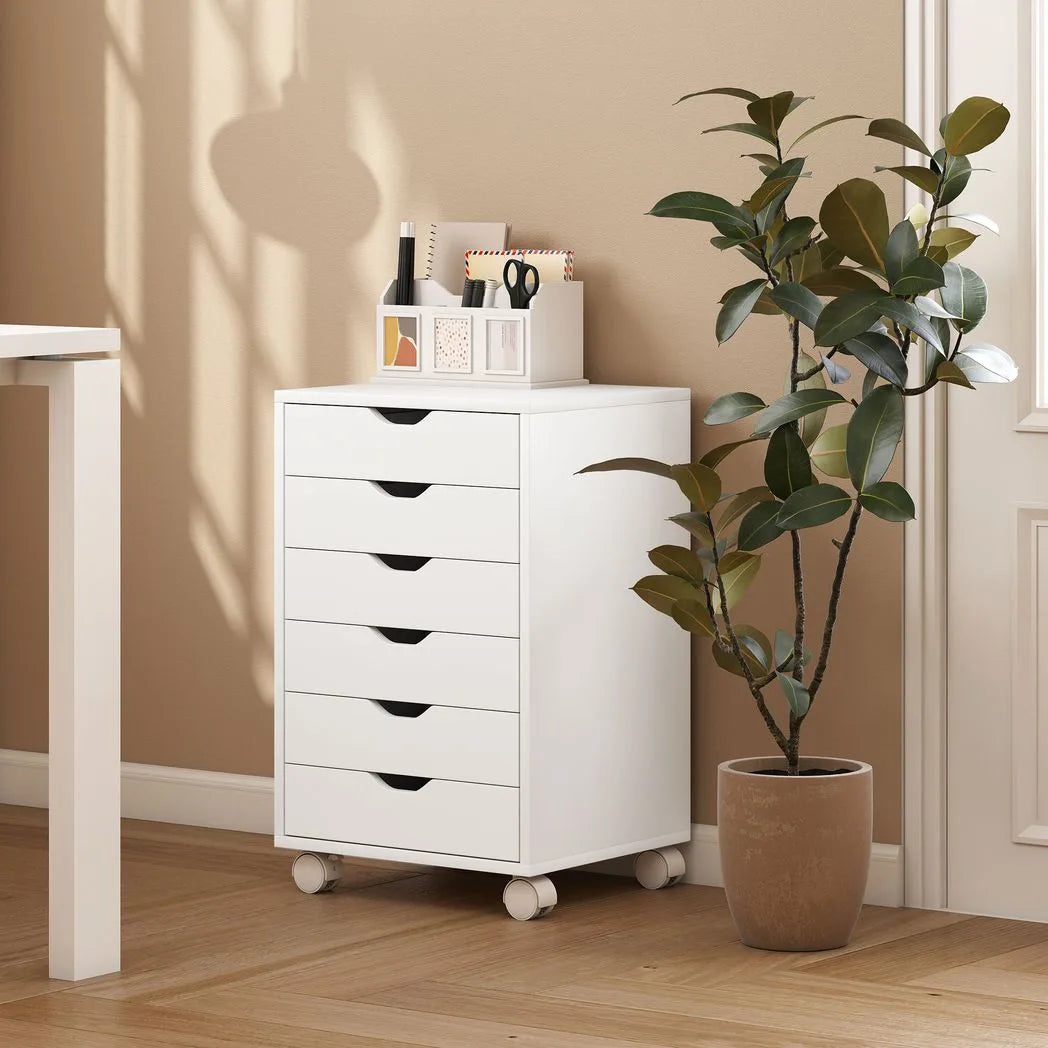 HOMCOM 6-Drawer Vertical File Cabinet with Quiet Runners & Lockable Wheels – Mobile Under Desk Storage, White