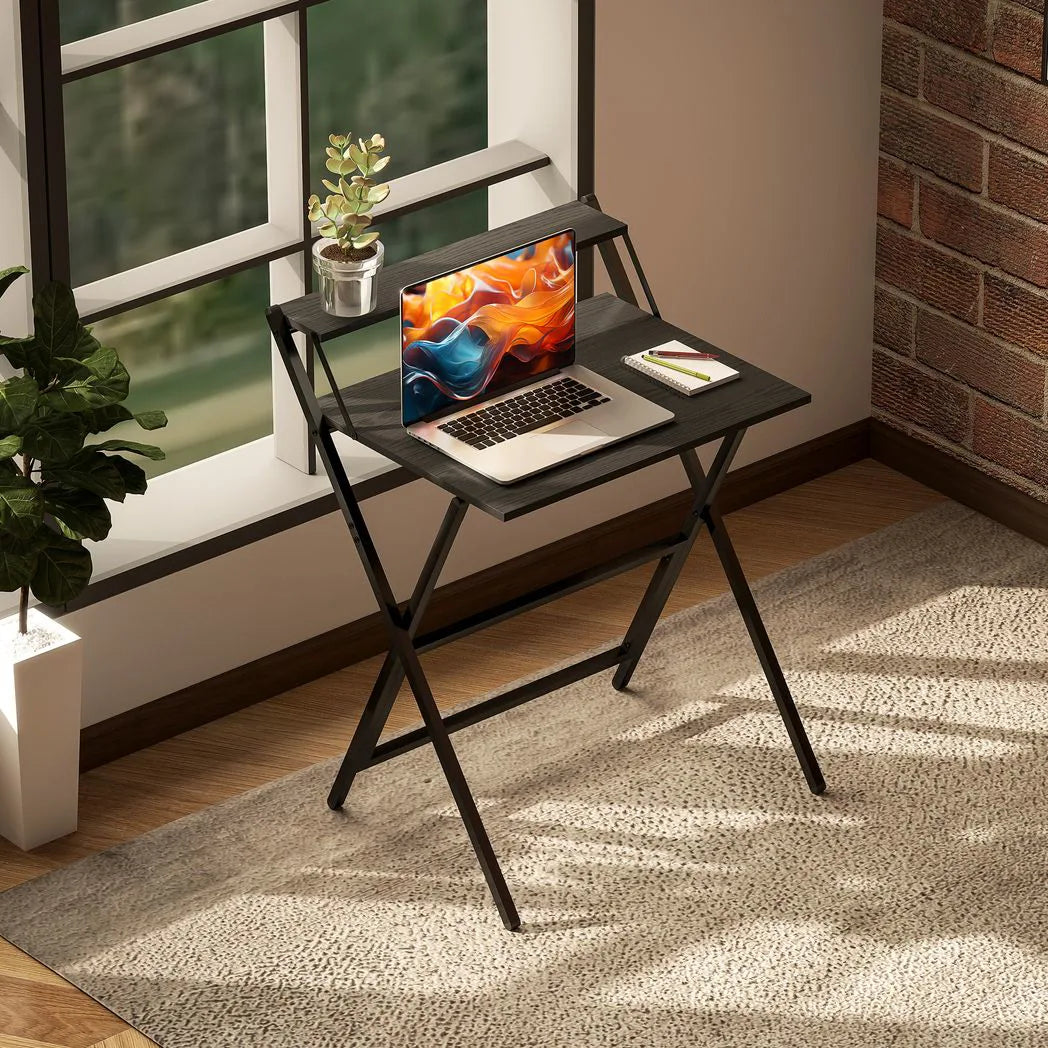 HOMCOM 70 cm Folding Computer Desk with Monitor Shelf – Compact Foldable Home Office Table, Black
