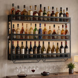 HOMCOM Wall-Mounted Wine Rack with LED Lights, Glass Holders and Open Shelf – Black Metal Rack for 36 Bottles