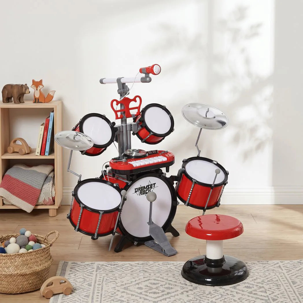 HOMCOM Kids Drum Set with Toy Microphone, Keyboard, Cymbals, Pedal & Stool – Educational Musical Toy for Beginners, Red