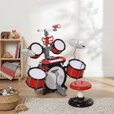 HOMCOM Kids Drum Set with Toy Microphone, Keyboard, Cymbals, Pedal & Stool – Educational Musical Toy for Beginners, Red