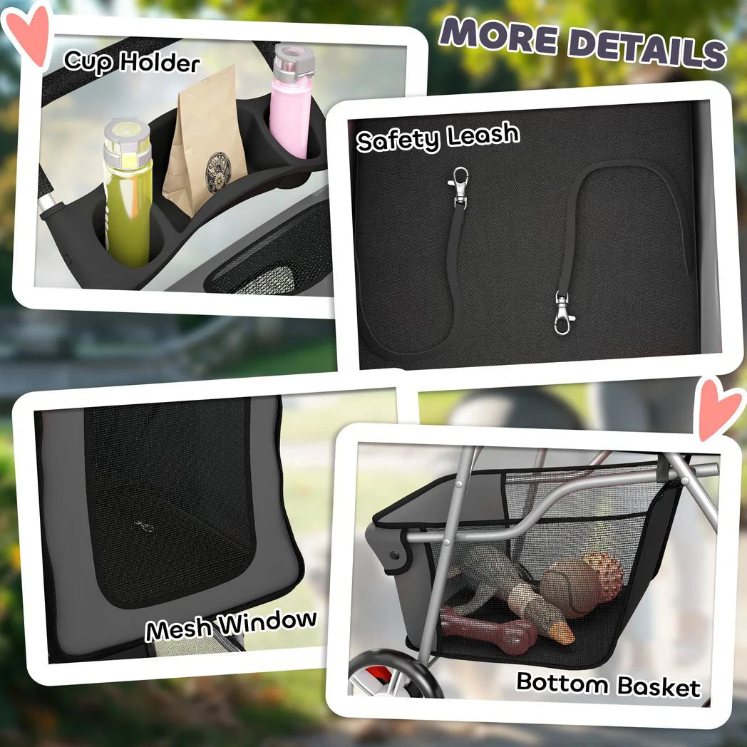 PawHut Foldable Dog Pram with Reflective Strips and 360° Swivel Wheels – Pet Stroller, Dark Grey