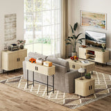 HOMCOM Mid-Century Sideboard with Slatted Tambour Sliding Doors & Steel Legs – Oak Tone