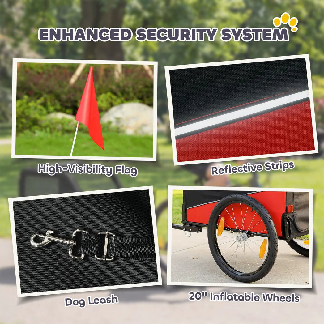 PawHut Dog Bike Trailer with 20" Inflatable Wheels and Reflectors – Bicycle Carrier for Medium Dogs, Red