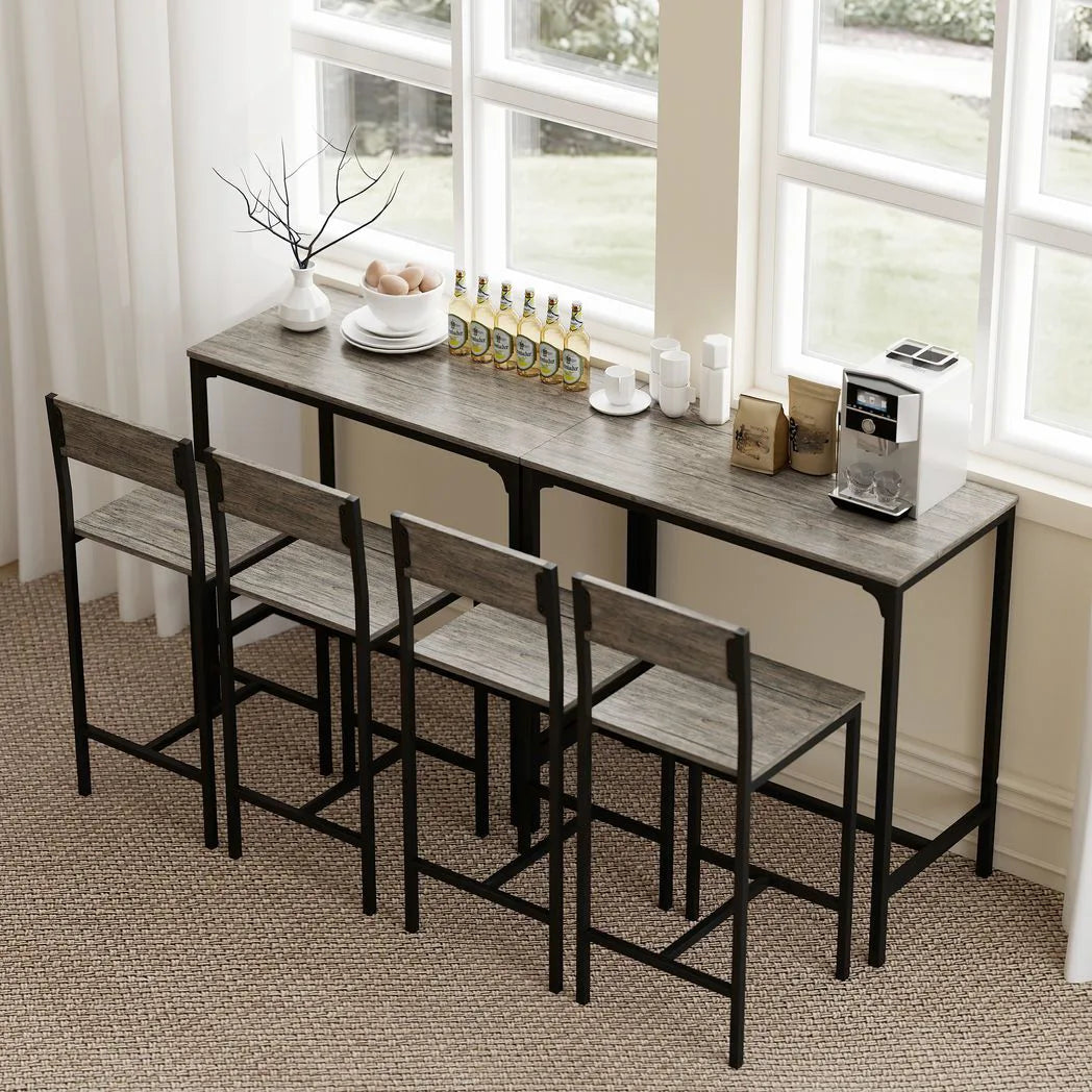 HOMCOM 3-Piece Industrial Bar Table Set with 2 Stools, Backrest and Footrest – Space-Saving, Charcoal Grey