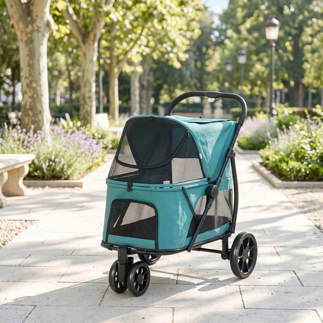PawHut 3-Wheel Dog Stroller with Dual Entry, One-Click Fold, Mesh Windows – Pet Pram for Dogs up to 20kg