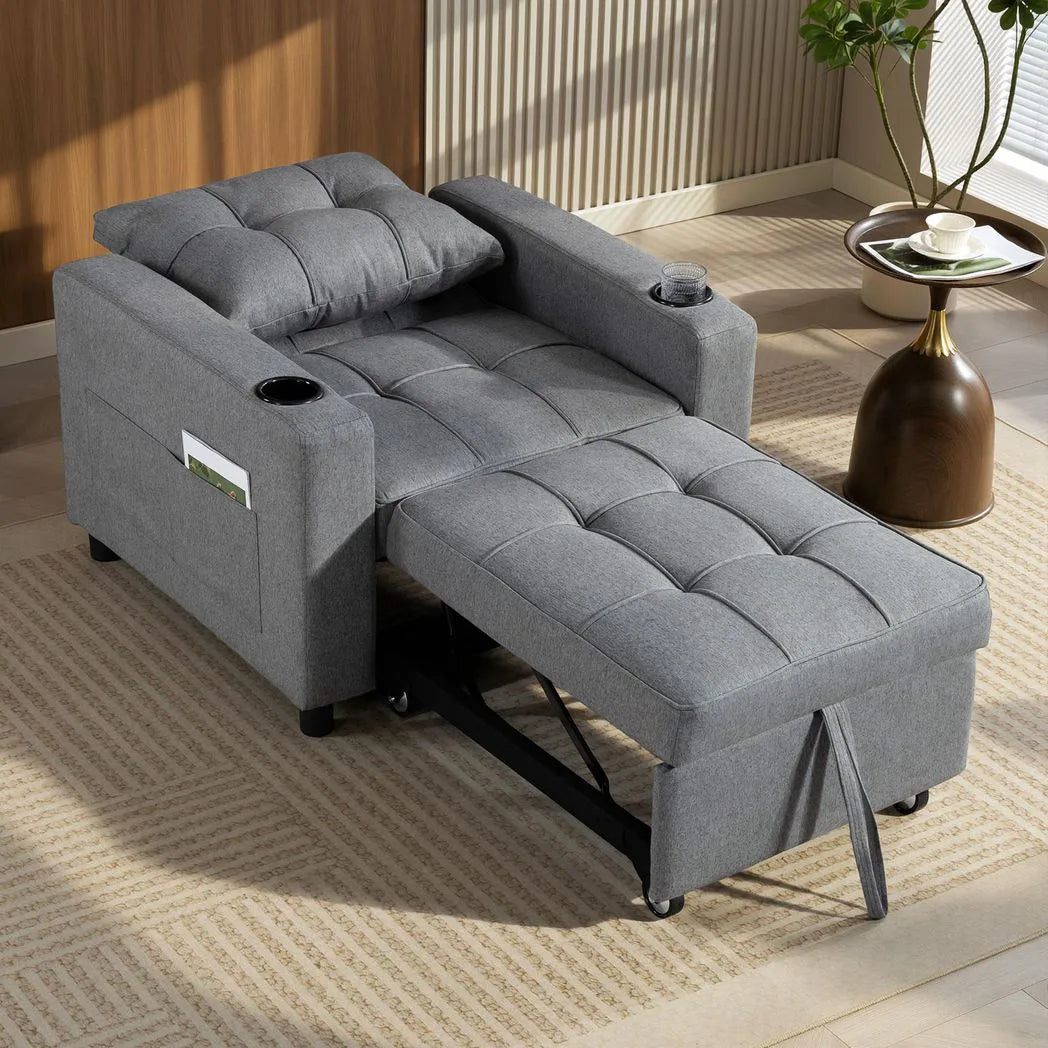 HOMCOM 3-in-1 Single Sofa Bed with Three-Level Back, Cup Holders and Pillow – Convertible Sleeper Chair Bed, Dark Grey