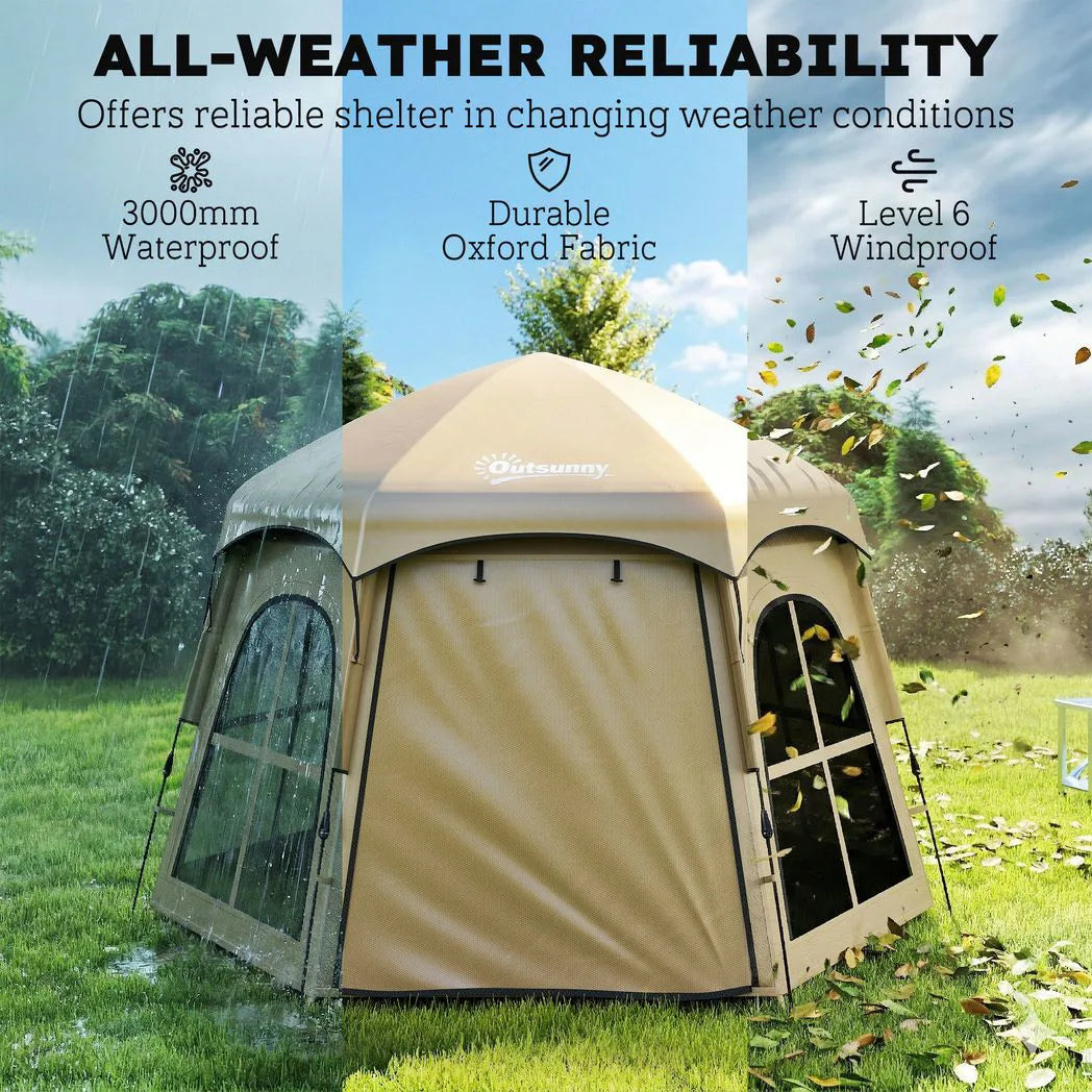 Outsunny Pop Up Tent for 3-4 Persons with 2 Doors & 4 Windows – 3000mm Waterproof Blackout Camping Tent, Khaki