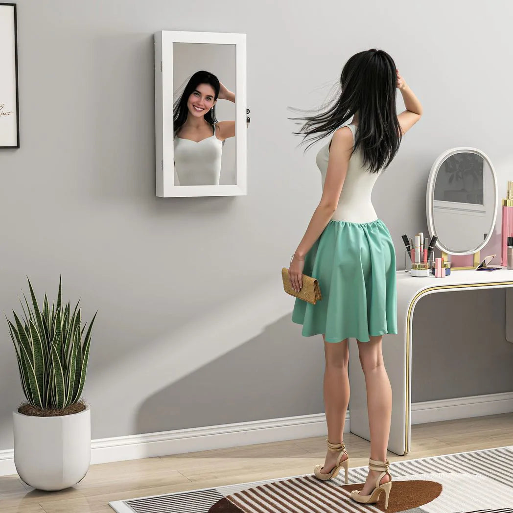 HOMCOM Wall-Mounted Jewellery Cabinet with Mirror, Lockable Storage with 80 Earring Slots and Hooks, White