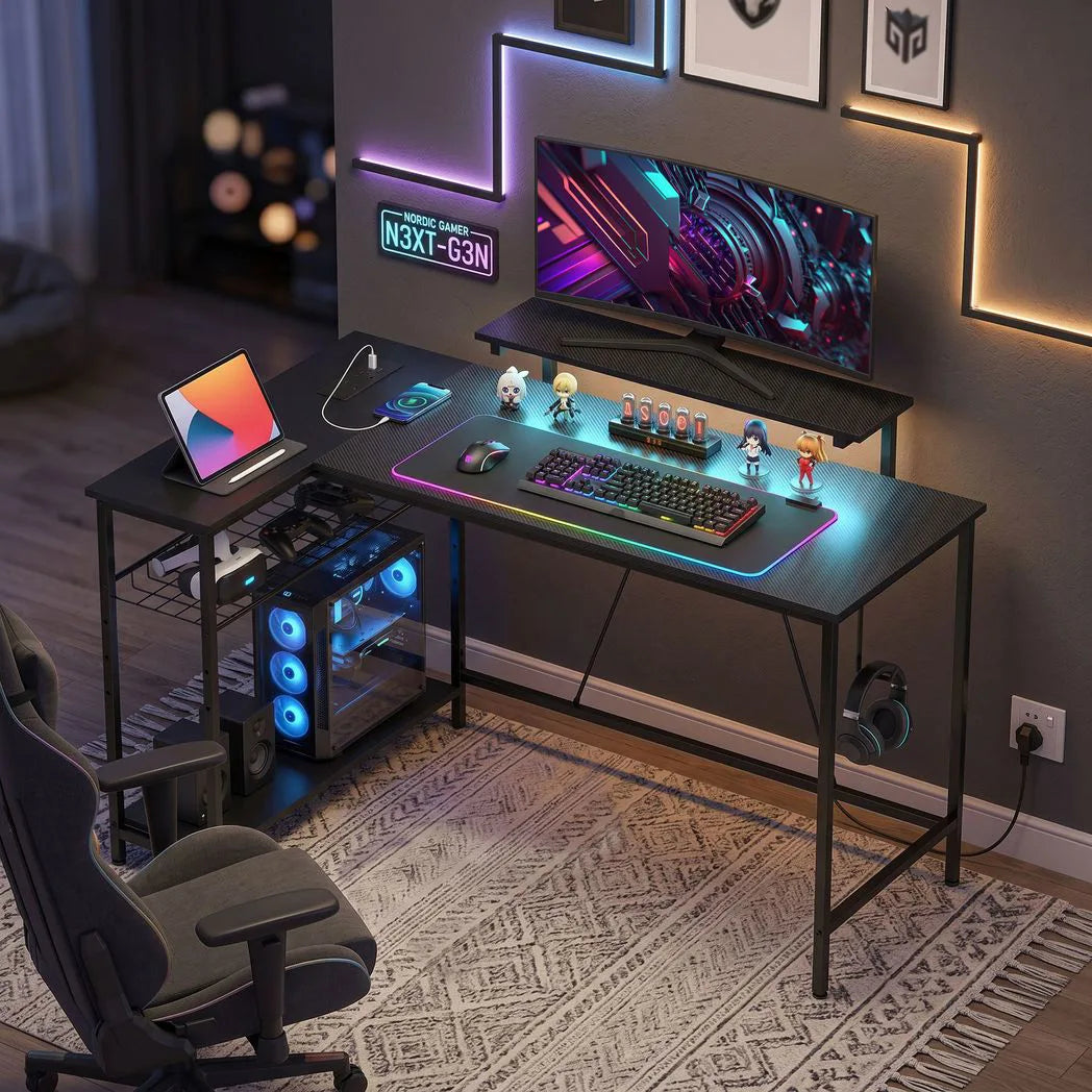 HOMCOM Reversible L-Shaped Gaming Desk with LED Lights, Monitor Stand & Power Outlets – Home Office, Black