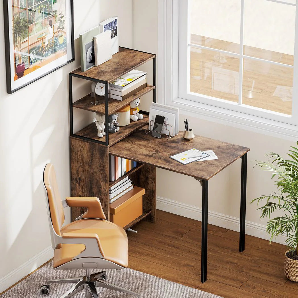 HOMCOM Folding Shelf and Work Table with 4-Tier Shelving and Steel Frame – Space-Saving Home Office Desk