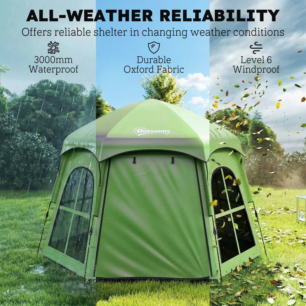 Outsunny 3–4 Person Pop Up Tent, 3000mm Waterproof with 2 Doors & 4 Windows – Instant Camping Tent, Green