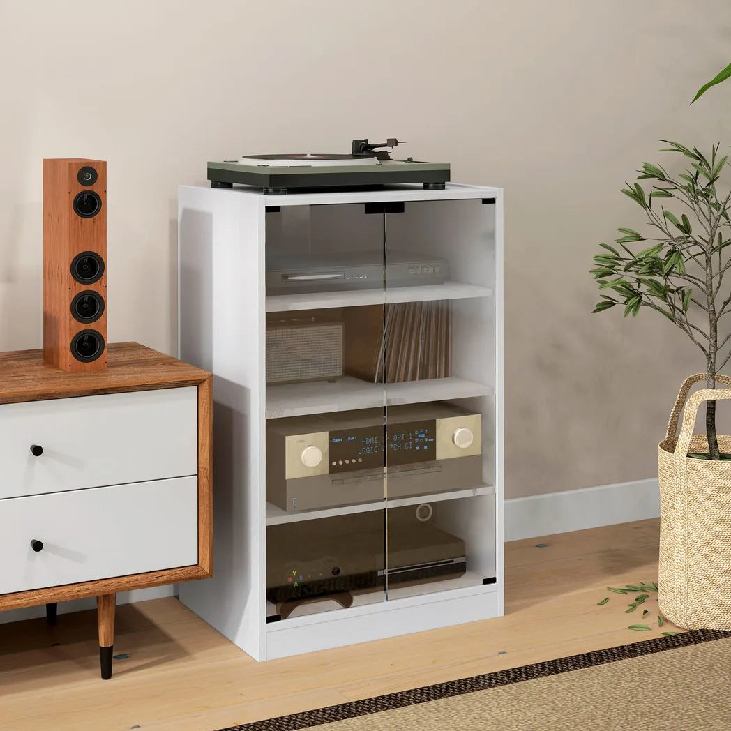 HOMCOM 4-Tier Hi-Fi Stand with Push-to-Open Glass Doors and Adjustable Shelves – Record Player Cabinet, White