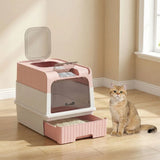 PawHut Enclosed Cat Litter Box with Pull-Out Drawer, Scoop & 2 Deodorisation Bags – Top Exit, Pink
