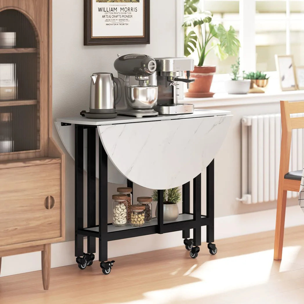 HOMCOM Folding Drop Leaf Dining Table with Open Shelf and Lockable Wheels – Small Spaces, White Marble