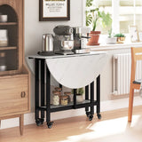 HOMCOM Folding Drop Leaf Dining Table with Open Shelf and Lockable Wheels – Small Spaces, White Marble