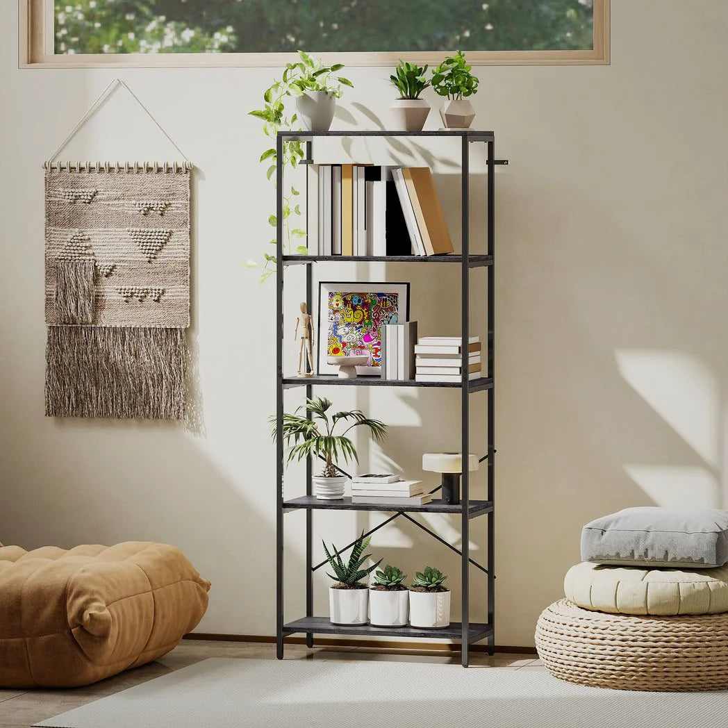 HOMCOM 5-Tier Industrial Bookcase with Metal Frame and Anti-Tipping Straps – Display Shelf, Dark Grey and Black