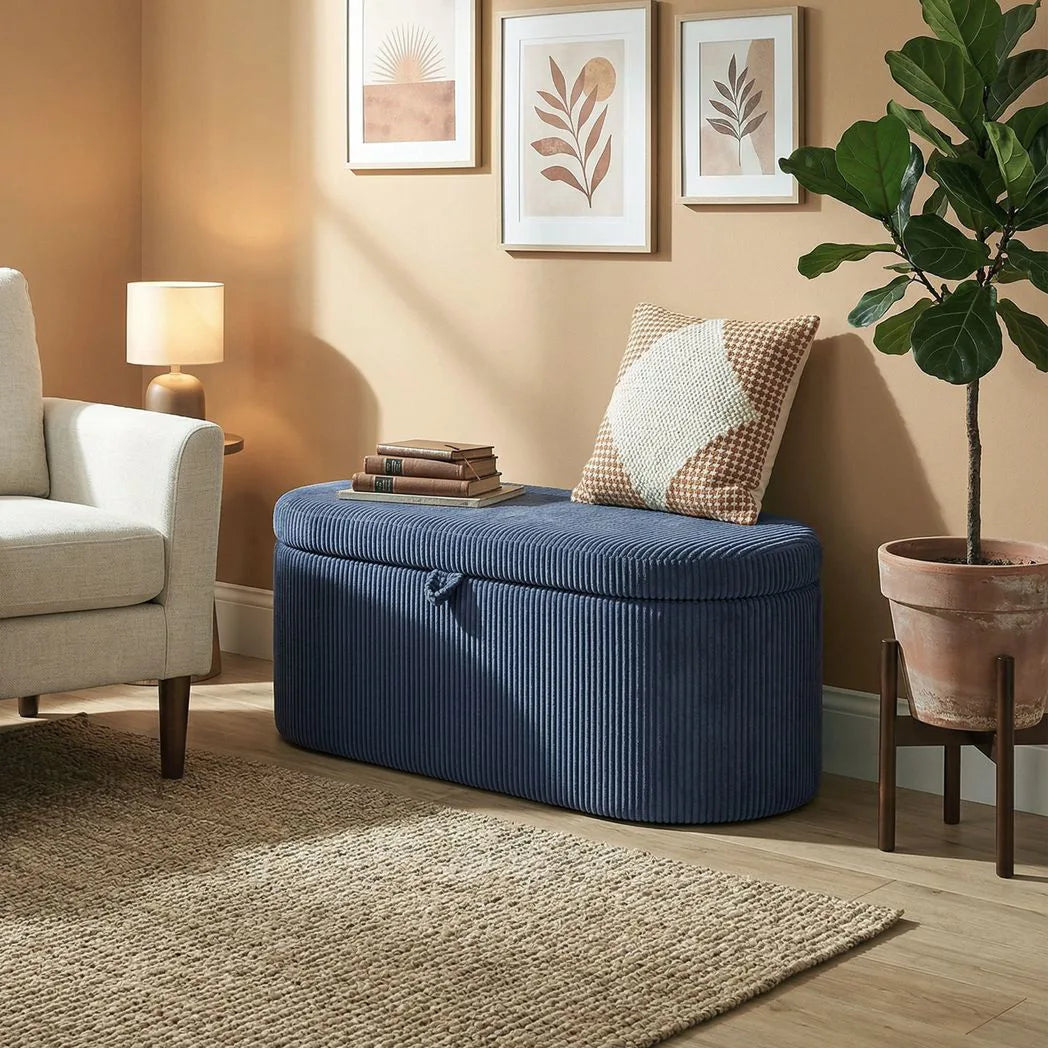 HOMCOM Corduroy Storage Ottoman Bench with Padded Seat and Hidden Storage, 105 x 51 x 49 cm, Blue