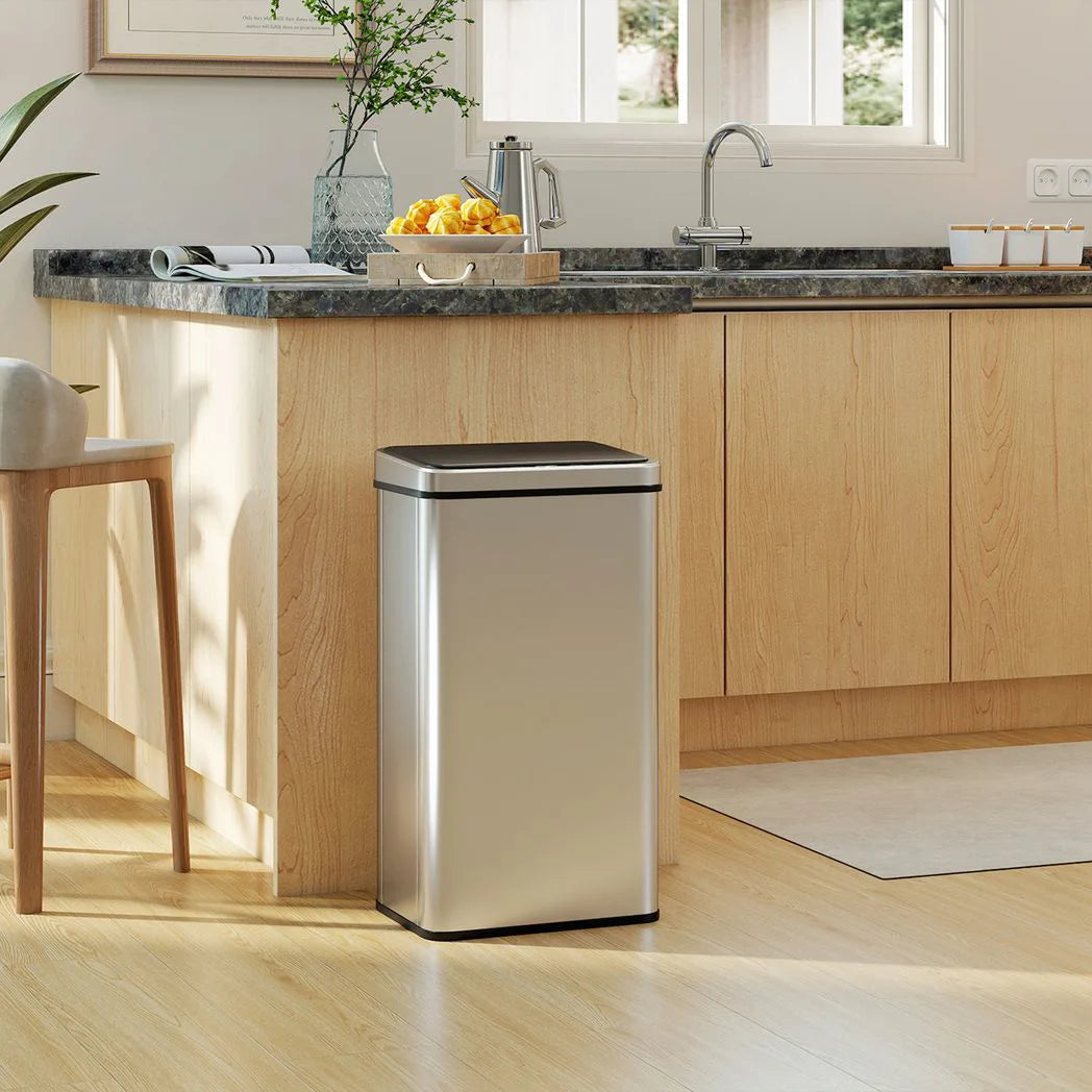 HOMCOM 50L Stainless Steel Sensor Bin with Soft-Close Lid – Touchless Automatic Kitchen Bin, Silver Tone