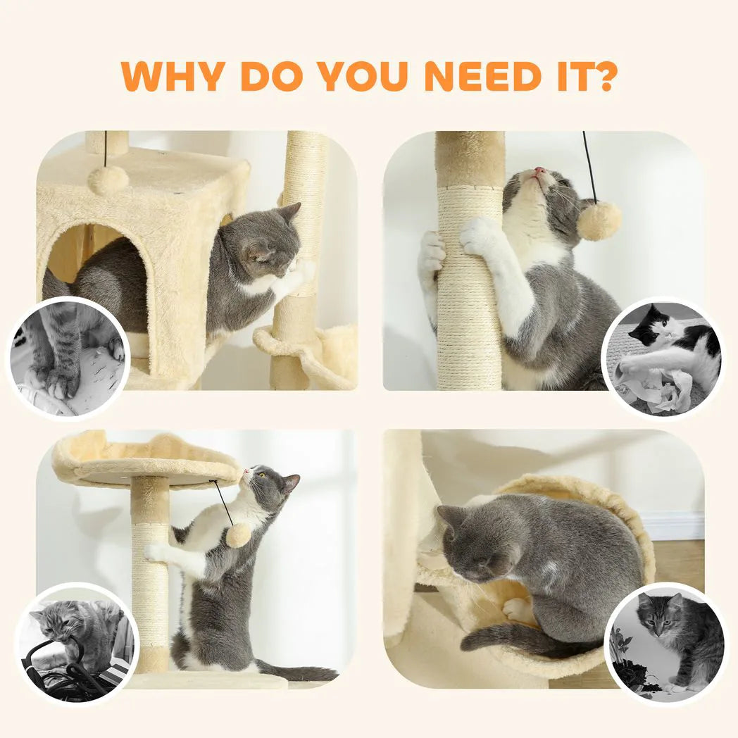PawHut 180cm Large Cat Tree with Sisal Scratching Posts, Condos, Plush Perches, Hammock and Ladder, Beige