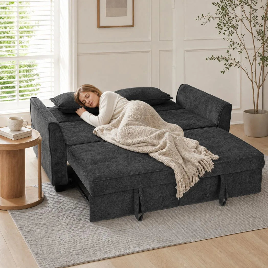 HOMCOM 2 Seater Sofa Bed, 4-in-1 Convertible with Dual Pull-Out Beds – Chenille Sleeper Sofa, Black