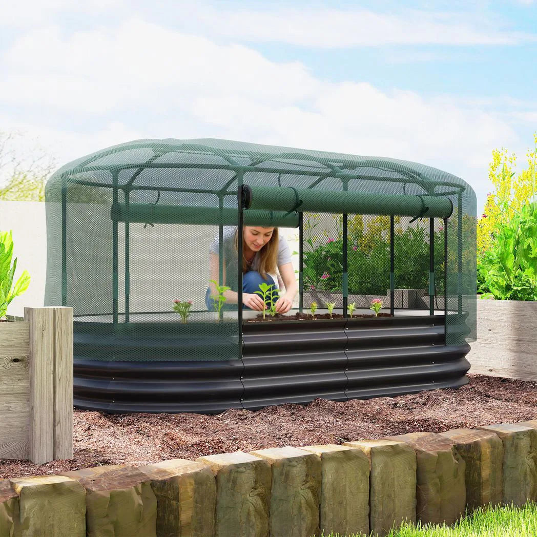 Outsunny Galvanised Raised Garden Bed Kit with Self-Watering System and Mesh Cover, 6 x 3ft – Dark Grey and Green
