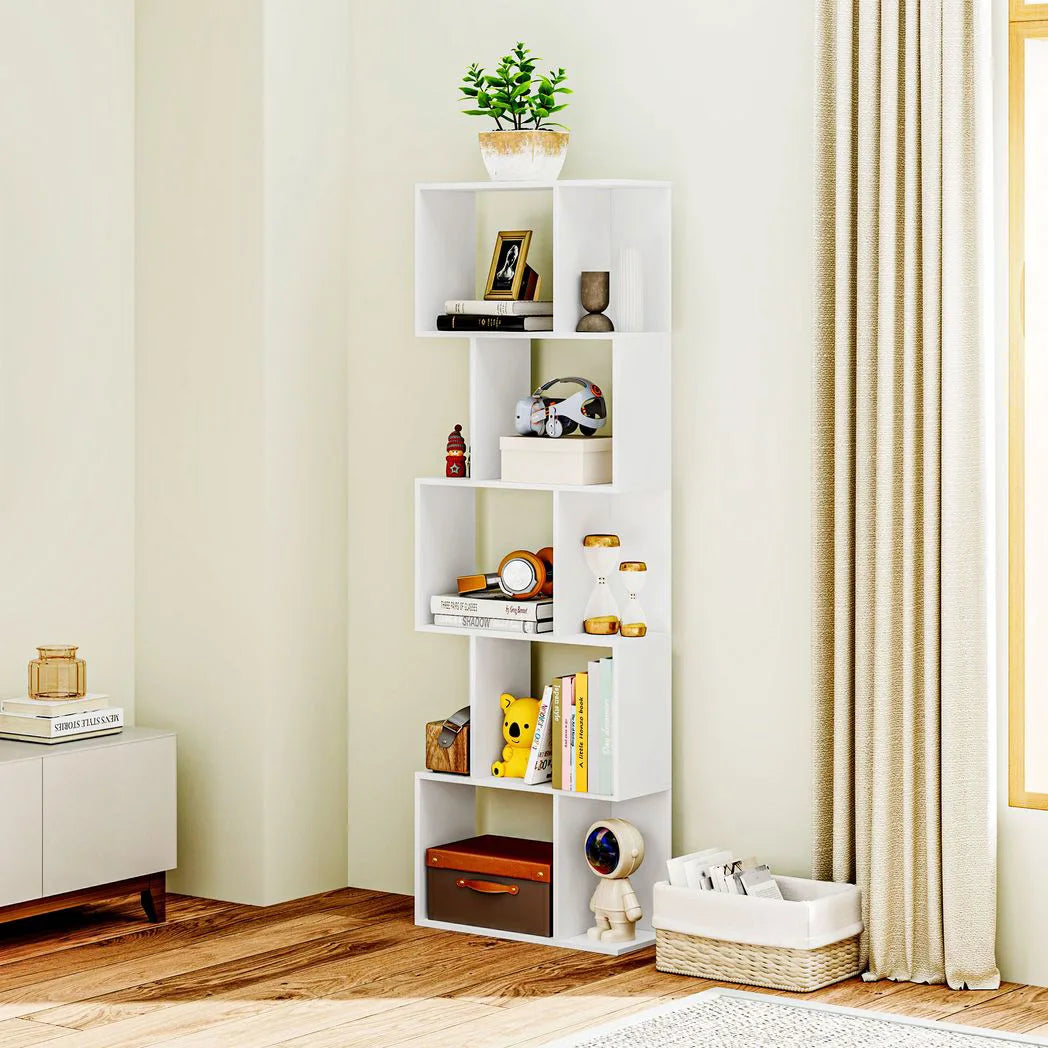 HOMCOM S-Shaped 5-Tier Bookcase, Freestanding Wooden Bookshelf – Home Office Display Storage Rack, White