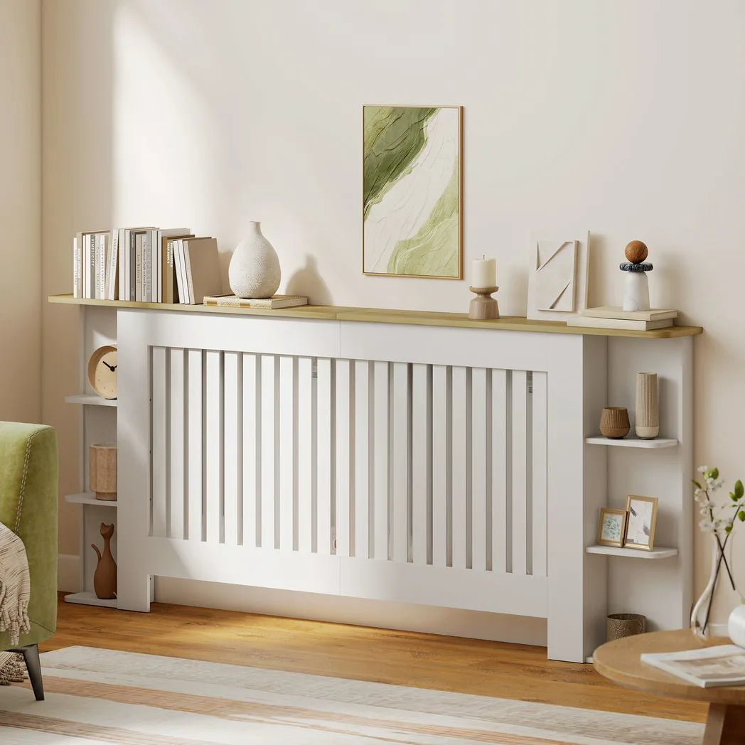 HOMCOM Extra Large Radiator Cover with Open Shelves – Vertical Slatted Heater Cabinet for Living Room, White