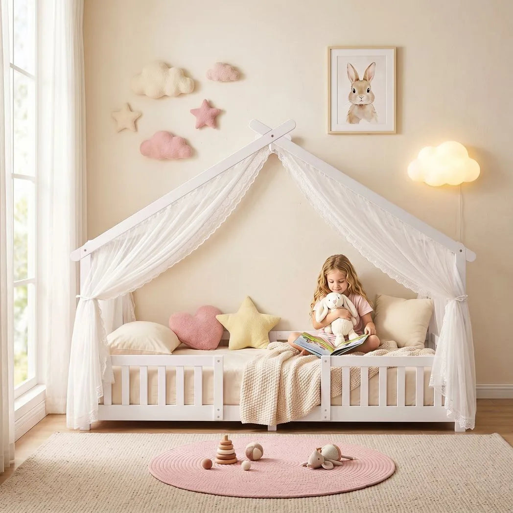 AIYAPLAY Wooden House Kids Single Bed with Dual Guardrails – Solid Pine, White, Fits 90 x 200 cm Mattress