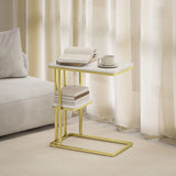 HOMCOM C-Shaped Narrow Side Table with 2-Tier Storage – Slim Sofa Table or Nightstand, White Marble Effect