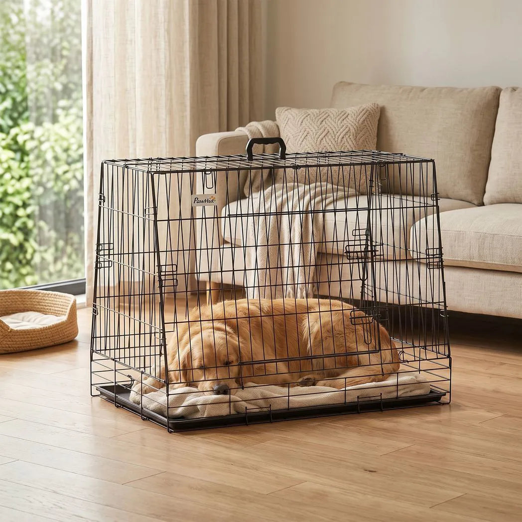 PawHut 90 cm Collapsible Slanted Car Dog Crate with Tray – Foldable Travel Cage for Medium to Large Dogs