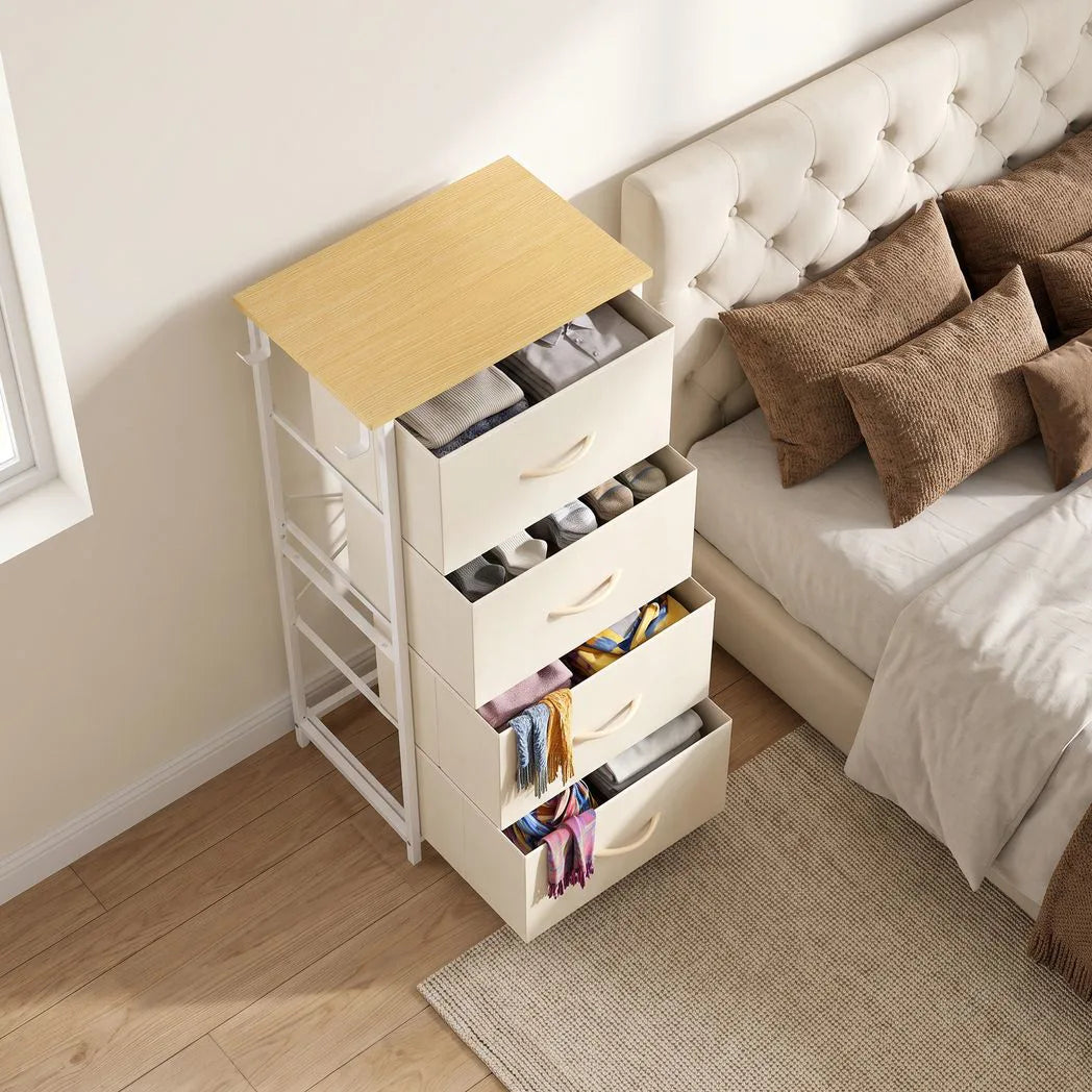 HOMCOM Chest of Drawers with 4 Fabric Drawers, 2 Hooks and Steel Frame – Tall Bedroom Storage Unit, Beige