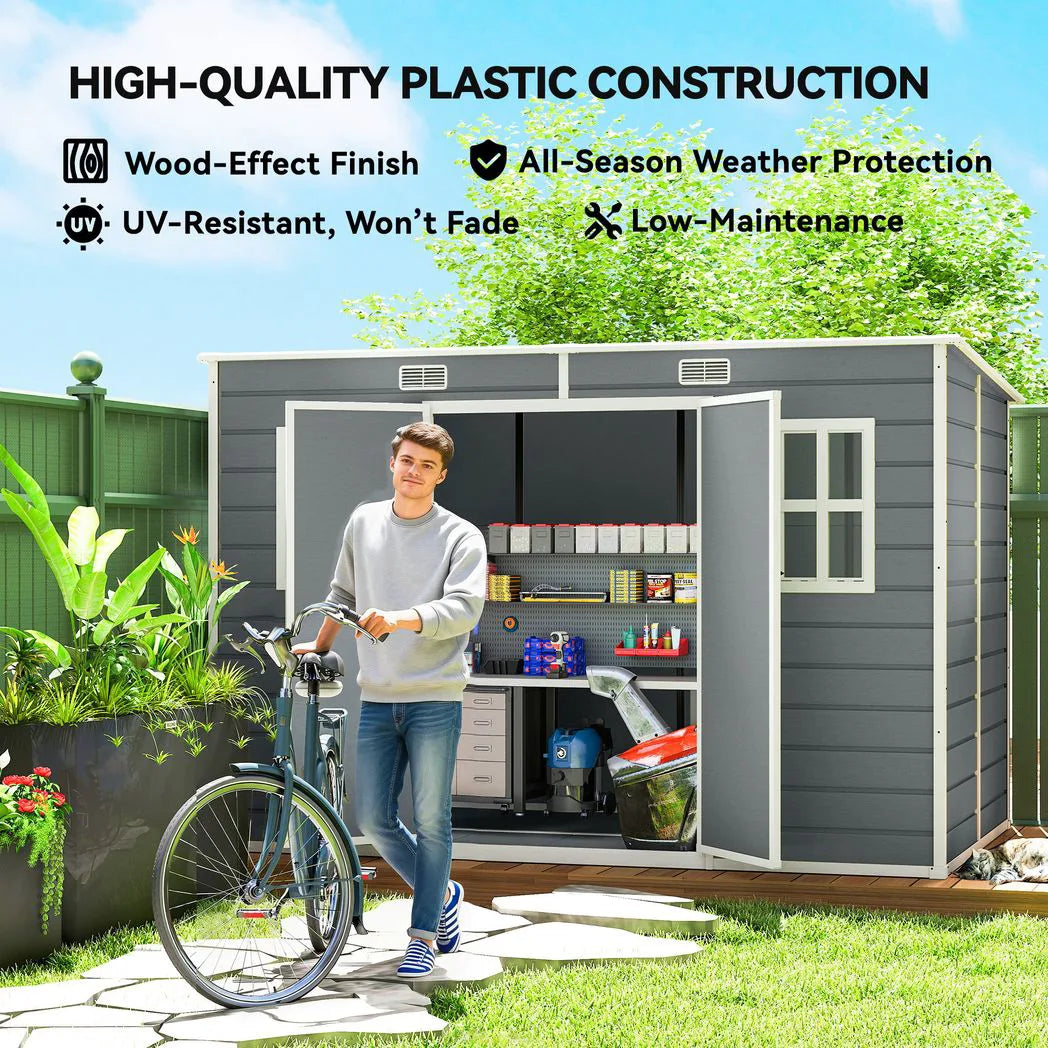 Outsunny 10 x 6ft Resin Garden Shed with Floor, Windows, Lockable Doors and Vents – Outdoor Storage, Grey
