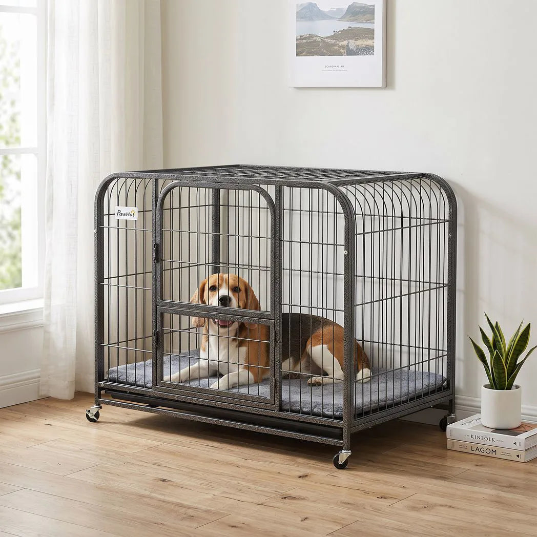 PawHut Heavy Duty Dog Crate, 93 x 58 x 76 cm – Triple Door Dog Cage with Wheels for Small to Medium Breeds