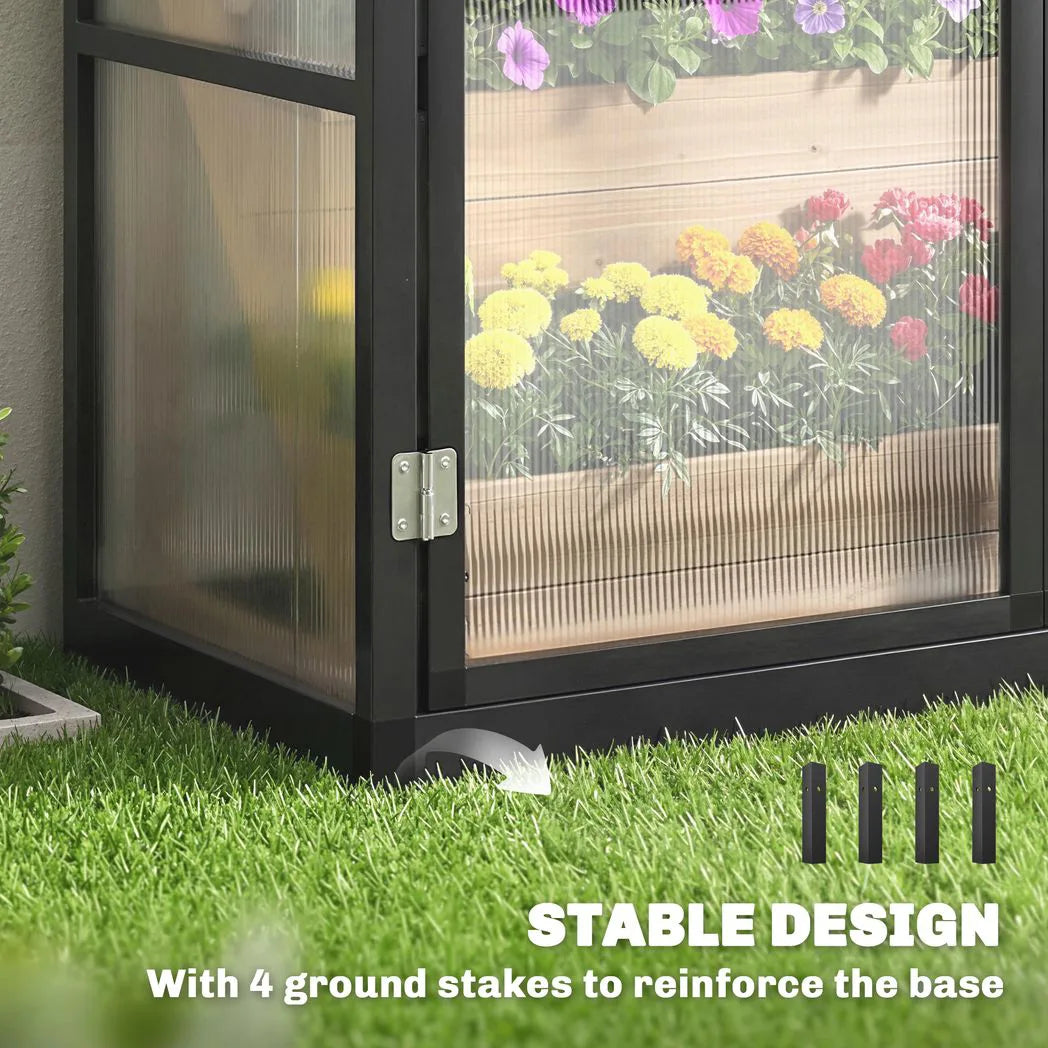 Outsunny Lean-to Polycarbonate Greenhouse 4 x 2ft with 2 Hinged Doors & Top Vent, Aluminium Frame, Black