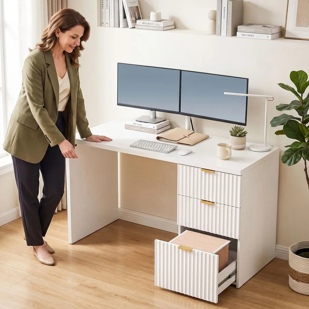 HOMCOM Computer Desk with 3 Drawers and File Drawer, Reversible Layout – 120 cm Home Office Desk, White