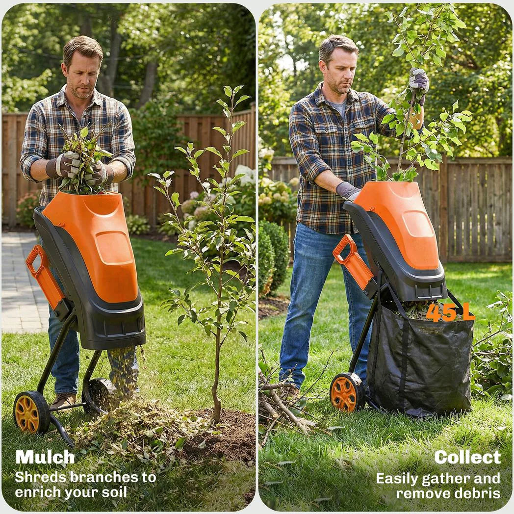 Outsunny 2500 W Electric Wood Chipper with 45L Collection Bag, 4300 RPM, 44 mm Cutting Diameter – Garden Shredder