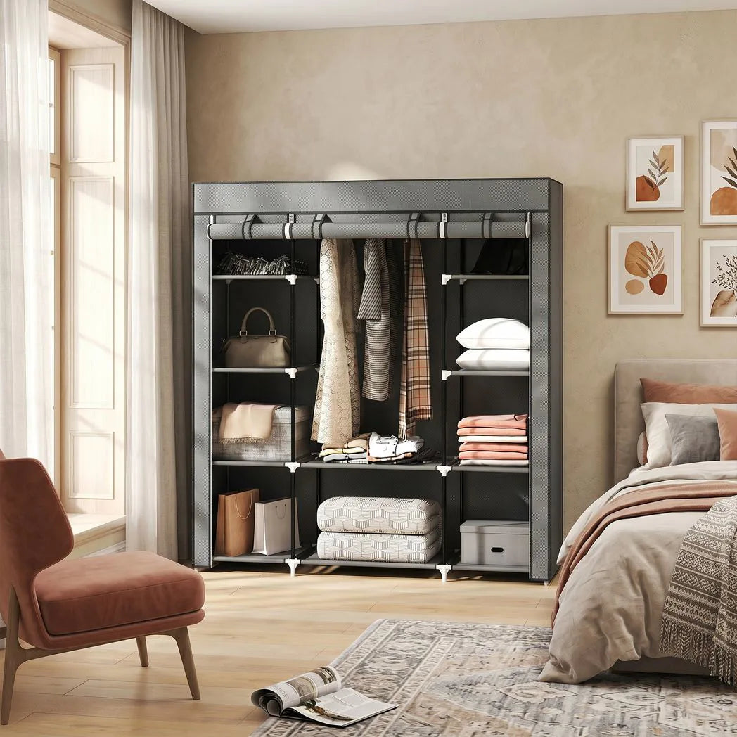 HOMCOM Portable Fabric Wardrobe with Hanging Rail, 10 Shelves and Roll-Up Doors – Foldable Clothes Storage, Dark Grey